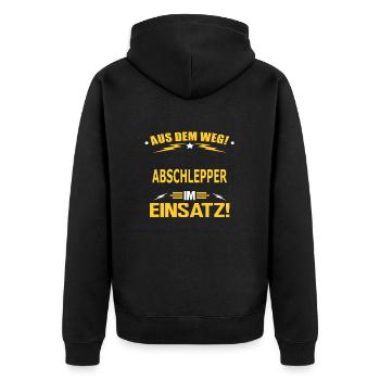 ABSCHLEPPER - Unisex Premium Bio Zip Hoodie - Schwarz - Hinten - Nico (187cm)