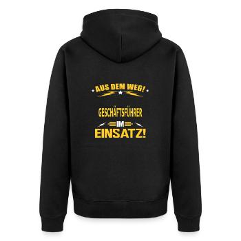 GESCHÄFTSFÜHRER - Unisex Premium Bio Zip Hoodie - Schwarz - Hinten - Nico (187cm)
