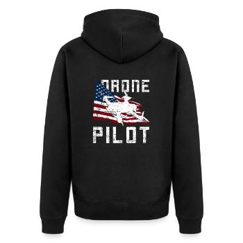 Quadrocopter Drohne vor der US Flagge für Piloten - Unisex Premium Bio Zip Hoodie - Schwarz - Hinten - Nico (187cm)