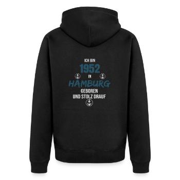 1950 in Hamburg geboren und stolz drauf - Geschenk - Unisex Premium Bio Zip Hoodie - Schwarz - Hinten - Nico (187cm)