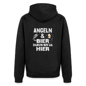 Angeln und Bier darum bin ich hier - Unisex Premium Bio Zip Hoodie - Schwarz - Hinten - Nico (187cm)