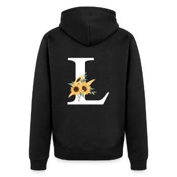 Buchstabe l blumige Sonnenblume - Unisex Premium Bio Zip Hoodie - Schwarz - Hinten - Nico (187cm)