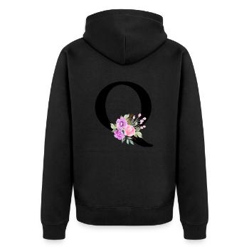 Lila Blumenbuchstabe Q - Unisex Premium Bio Zip Hoodie - Schwarz - Hinten - Nico (187cm)
