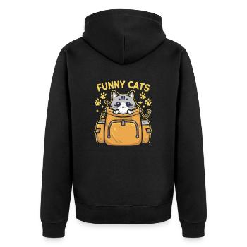 Funny with a cat looking regal in the backpack - Unisex Premium Organic Zip Hoodie - black - Back - Nico (187cm)