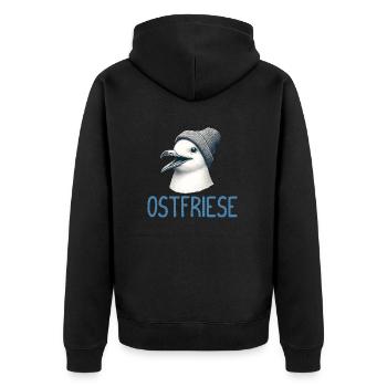 Gute Laune Ostfriese - Moin Möwe mit Beanie Mütze - Unisex Premium Bio Zip Hoodie - Schwarz - Hinten - Nico (187cm)