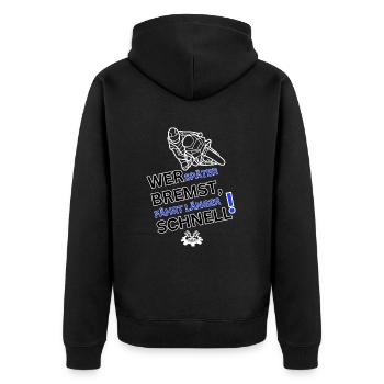 Motorrad - WER SPÄTER BREMST IST LÄNGER SCHNELL - Unisex Premium Bio Zip Hoodie - Schwarz - Hinten - Nico (187cm)