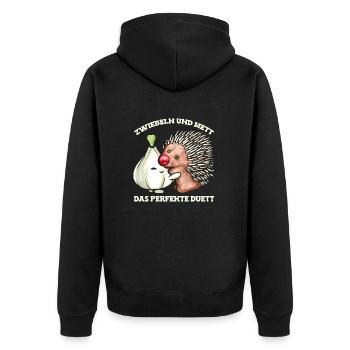 Zwiebel und Mett Liebe - Mettigel & Hack Geschenk - Unisex Premium Bio Zip Hoodie - Schwarz - Hinten - Nico (187cm)