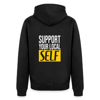 Support Local: Sei dein eigener Held - Unisex Premium Bio Zip Hoodie - Schwarz - Hinten - Nico (187cm)