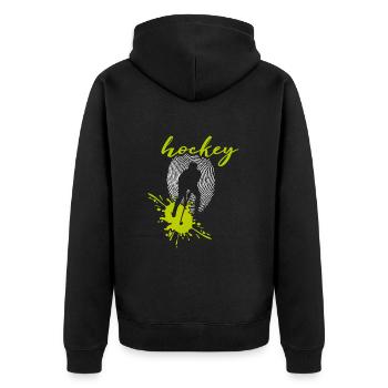 Hockeylegende Feldhockey HockeyDNA Hockeysport - Unisex Premium Bio Zip Hoodie - Schwarz - Hinten - Nico (187cm)
