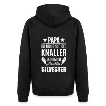 Papa Silvester Pyro - Unisex Premium Bio Zip Hoodie - Schwarz - Hinten - Nico (187cm)