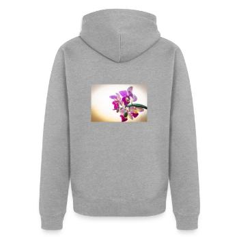 Orchidee im Fokus - Unisex Premium Bio Zip Hoodie - Grau meliert - Hinten - Nico (187cm)
