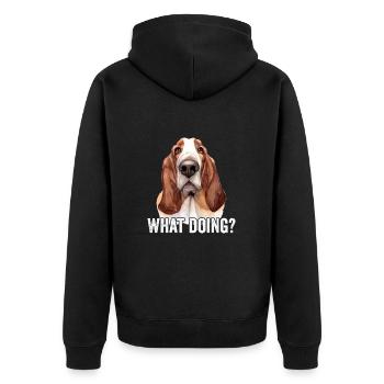 Basset Hound Was macht - Unisex Premium Bio Zip Hoodie - Schwarz - Hinten - Nico (187cm)