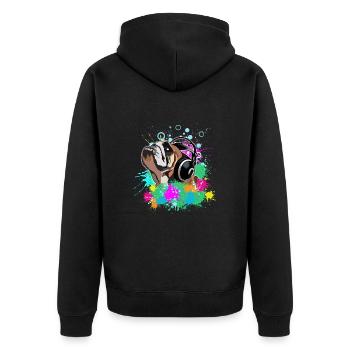 Englische Bulldogge mit Kopfhörern - Unisex Premium Bio Zip Hoodie - Schwarz - Hinten - Nico (187cm)
