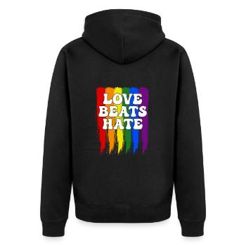 LGBTQIA+ Rainbow Pride Flag Love Beats Hate - Unisex Premium Organic Zip Hoodie - black - Back - Nico (187cm)