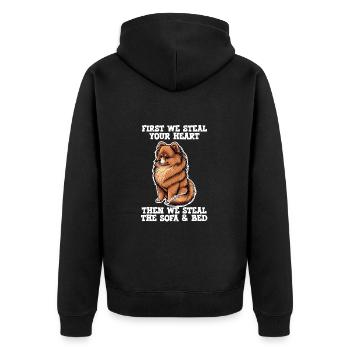 Pommerscher Hund zuerst stehlen wir dein Herz - Unisex Premium Bio Zip Hoodie - Schwarz - Hinten - Nico (187cm)