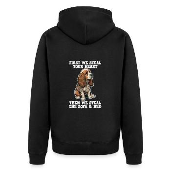Cocker Spaniel zuerst stehlen wir dein Herz - Unisex Premium Bio Zip Hoodie - Schwarz - Hinten - Nico (187cm)