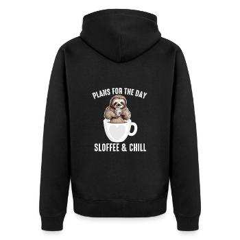 Faultier-Kaffeepläne für den Tag Sloffee und Chill - Unisex Premium Bio Zip Hoodie - Schwarz - Hinten - Nico (187cm)