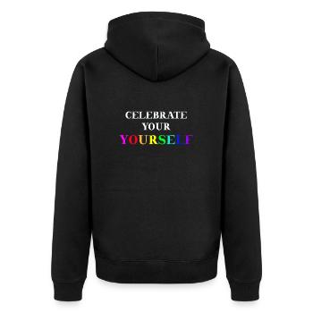 Celebrate yourself Geschenkidee Queer LGBTQ+ - Unisex Premium Bio Zip Hoodie - Schwarz - Hinten - Nico (187cm)