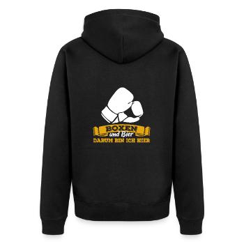 Boxen und Bier, darum bin ich hier - Spruch - Unisex Premium Bio Zip Hoodie - Schwarz - Hinten - Nico (187cm)