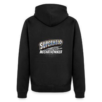 Superheld, clever getarnt als Mechatroniker - Unisex Premium Bio Zip Hoodie - Schwarz - Hinten - Nico (187cm)
