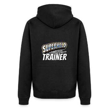 Superheld, clever getarnt als Trainer - Unisex Premium Bio Zip Hoodie - Schwarz - Hinten - Nico (187cm)