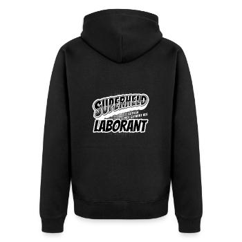 Superheld, clever getarnt als Laborant - Unisex Premium Bio Zip Hoodie - Schwarz - Hinten - Nico (187cm)