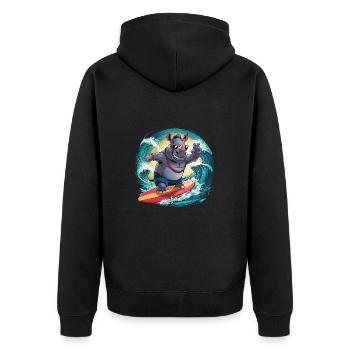 Cooles Rhino mit Sonnenbrille surft und hat Spass - Unisex Premium Bio Zip Hoodie - Schwarz - Hinten - Nico (187cm)