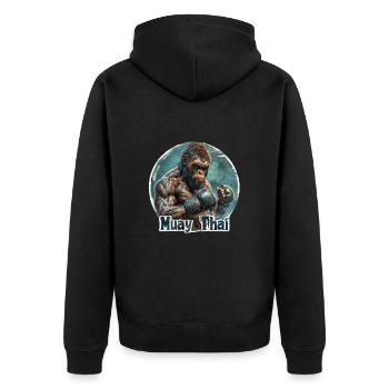 Muay Thai Exklusiv: unique Großstadt-Chic - Unisex Premium Bio Zip Hoodie - Schwarz - Hinten - Nico (187cm)