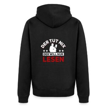 Der tut nix der will nur lesen - Spruch - Unisex Premium Bio Zip Hoodie - Schwarz - Hinten - Nico (187cm)