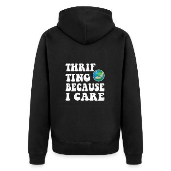 Thrifting. Because I care. - Unisex Premium Bio Zip Hoodie - Schwarz - Hinten - Nico (187cm)