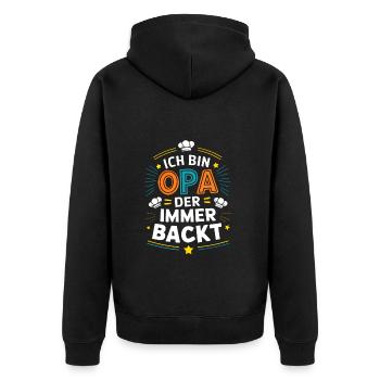 Ich bin der Opa der immer backt lustiger Opaspruch - Unisex Premium Bio Zip Hoodie - Schwarz - Hinten - Nico (187cm)