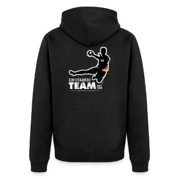 HANDBALL SPIELER SPRUNGWURF GERMANY, HANDBALL EM - Unisex Premium Bio Zip Hoodie - Schwarz - Hinten - Nico (187cm)