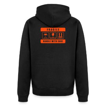 Zerbrechlich! Mit Vorsicht behandeln - Unisex Premium Bio Zip Hoodie - Schwarz - Hinten - Nico (187cm)