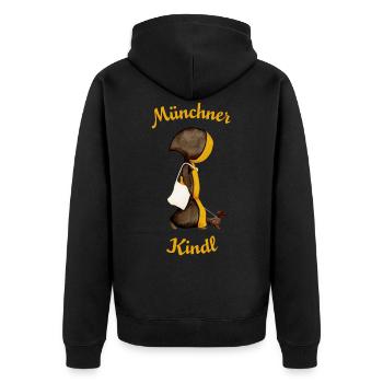 Münchner Kindl mit Dackel und Jutebeutel - Unisex Premium Bio Zip Hoodie - Schwarz - Hinten - Nico (187cm)