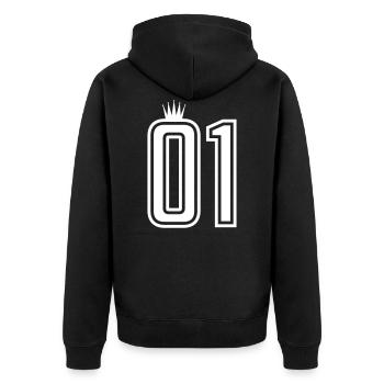 01 eins krone 1 nummer - Unisex Premium Bio Zip Hoodie - Schwarz - Hinten - Nico (187cm)