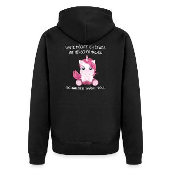 EINHORN - Heute möchte ich was mit Menschen machen - Unisex Premium Bio Zip Hoodie - Schwarz - Hinten - Nico (187cm)
