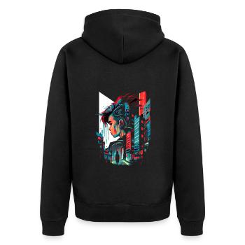 Surreale futuristische Cyber Comic Stadt - Unisex Premium Bio Zip Hoodie - Schwarz - Hinten - Nico (187cm)