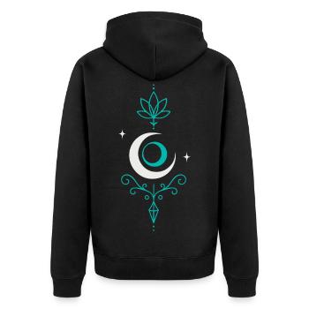 Mondpfeil mit Lotus und Kristall - Mond Spirit - Unisex Premium Bio Zip Hoodie - Schwarz - Hinten - Nico (187cm)