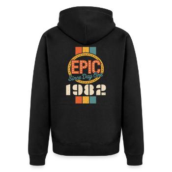Legendär seit 1982 - Unisex Premium Bio Zip Hoodie - Schwarz - Hinten - Nico (187cm)