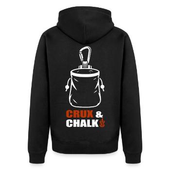 Crux & Chalk – Klettern - Unisex Premium Bio Zip Hoodie - Schwarz - Hinten - Nico (187cm)