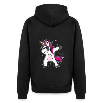 Dabbing Einhorn mit Sonnenbrille - Unisex Premium Bio Zip Hoodie - Schwarz - Hinten - Nico (187cm)