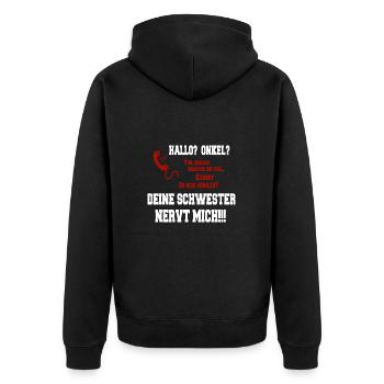 Hallo Onkel - deine Schwester nervt mich - Unisex Premium Bio Zip Hoodie - Schwarz - Hinten - Nico (187cm)