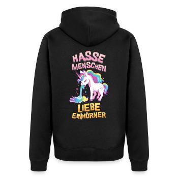 Ich Hasse Menschen Einhorn Kotzt Regenbogen Lustig - Unisex Premium Bio Zip Hoodie - Schwarz - Hinten - Nico (187cm)