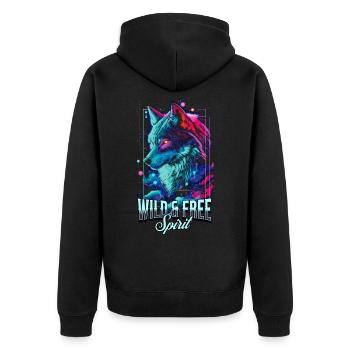 Wolf Wolfskopf Raubtier Wildnis Neon Bunt Kunst - Unisex Premium Bio Zip Hoodie - Schwarz - Hinten - Nico (187cm)