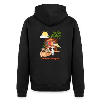 hang out party - Unisex Premium Organic Zip Hoodie - black - Back - Nico (187cm)
