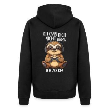 Gamer Faultier Ich kann dich nicht hören ich zocke - Unisex Premium Bio Zip Hoodie - Schwarz - Hinten - Nico (187cm)