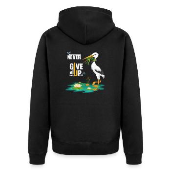 Never Give Up 🐸 Niemals aufgeben Frosch vs Storch - Unisex Premium Bio Zip Hoodie - Schwarz - Hinten - Nico (187cm)