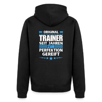 Zur Perfektion gereifter Trainer - Unisex Premium Bio Zip Hoodie - Schwarz - Hinten - Nico (187cm)