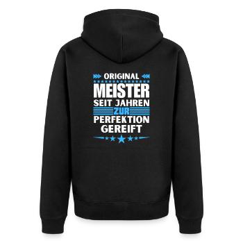 Zur Perfektion gereifter Meister - Unisex Premium Bio Zip Hoodie - Schwarz - Hinten - Nico (187cm)