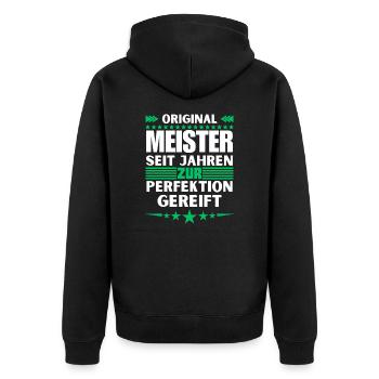 Zur Perfektion gereifter Meister - Unisex Premium Bio Zip Hoodie - Schwarz - Hinten - Nico (187cm)